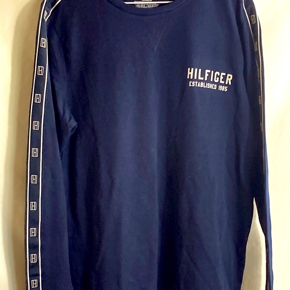 Tommy Hilfiger sleepwear long sleeve shirt. Navy blue shirt with white letters.